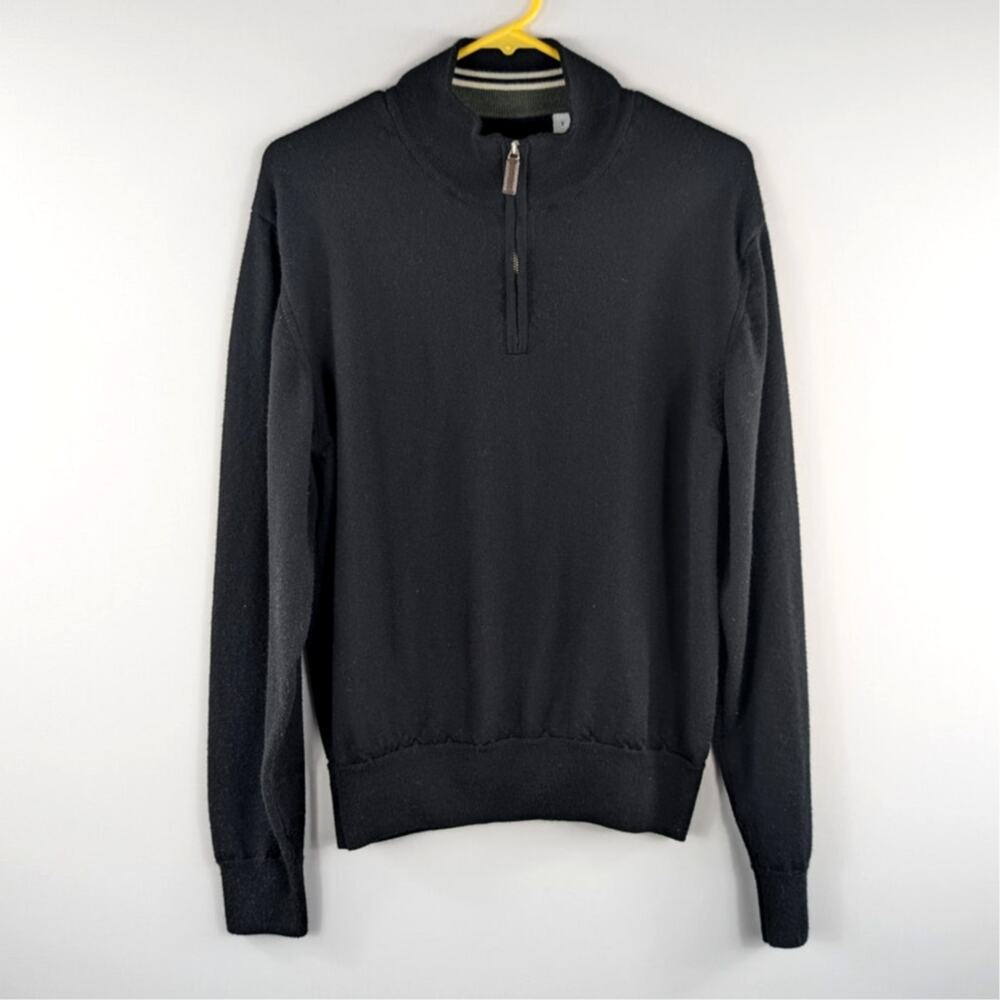 Tom James Small Quarter Zip Sweater Men Black Merino Wool Italy Made